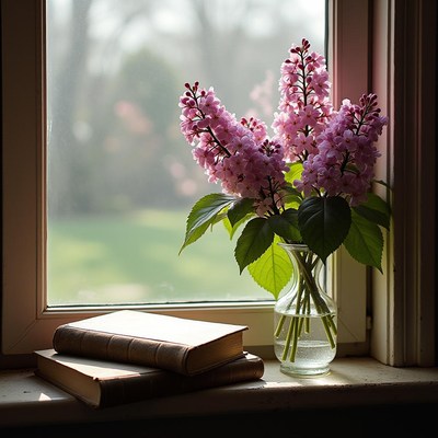 Bright lilacs by the window with stacked old books