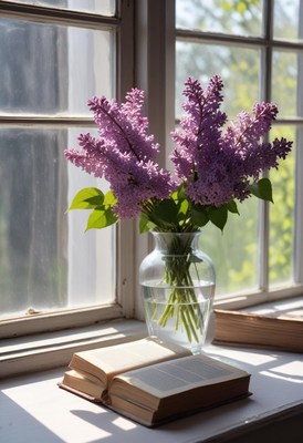 Purple lilacs in a vase placed on a wooden windowsill