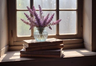 Flowers in a vase on a sunny windowsill with books