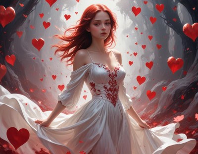 Enchanted lady in a flowing white dress amidst heart shapes