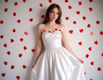 Elegant model in white gown with heart decorations on wall