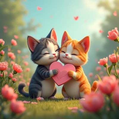 Kittens sharing love in a flower garden