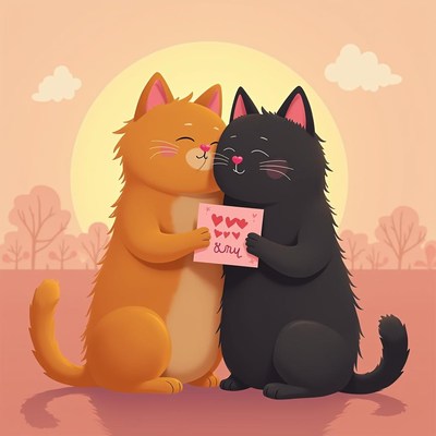 Two cute cartoon cats sharing love on a sunny day
