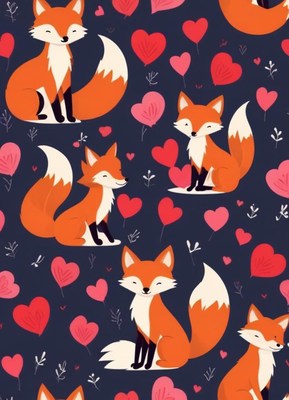 Colorful pattern featuring playful foxes and hearts