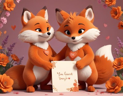 Cute fox characters celebrate love with heartfelt message