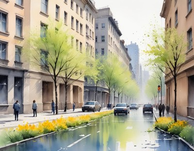 Busy city street with blooming trees and lively atmosphere