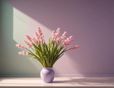 Pink flowers in a vase illuminated by sunlight