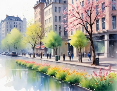 Spring day in a vibrant city park with blooming flowers