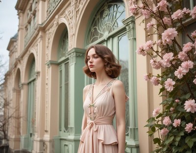Elegant woman in soft dress near blooming flowers