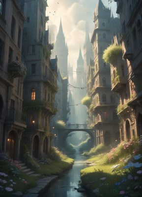 Fantasy Gothic City Street with Canal