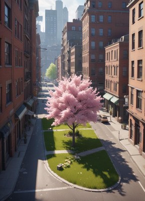 Pink cherry blossom tree in a city park setting