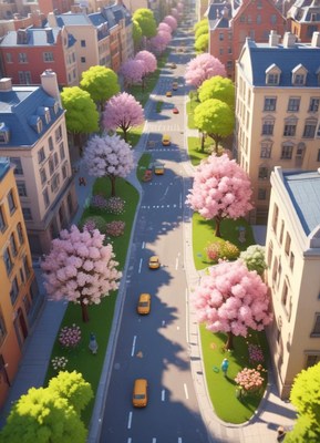 Scenic street lined with cherry blossom trees in spring