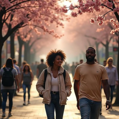 Couples walk under blooming cherry blossom trees together