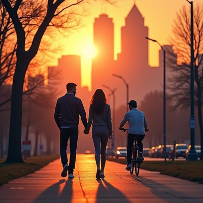 Sunset stroll with city skyline in the background