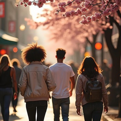People walking under blooming cherry blossom trees