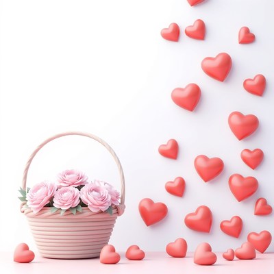 Basket of roses with hearts cascading down elegantly