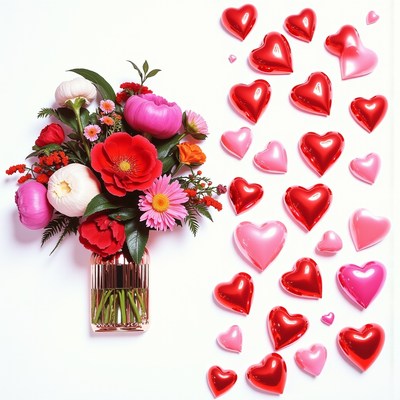 Bright bouquet and heart-shaped decorations create romance