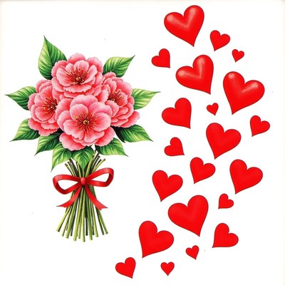 Beautiful bouquet of pink flowers and red hearts