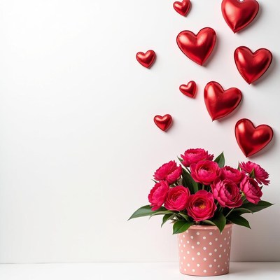 Vibrant flowers and red hearts create a festive display