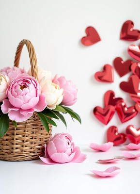 Floral arrangement in basket with heart decorations