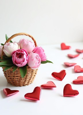 Beautiful pink flowers in a basket with heart decorations