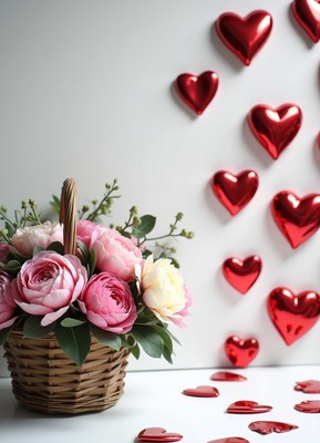 Flower basket with hearts on wall for romantic decor