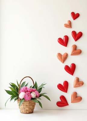 Flower basket next to heart decorations on wall