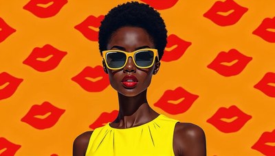 Chic woman in yellow poses with bold lips backdrop
