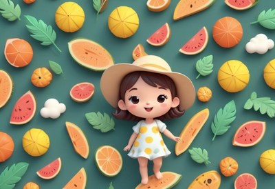 Cute girl playing among colorful fruit shapes on green