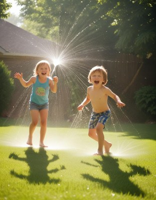 Children enjoying water play in backyard summer fun