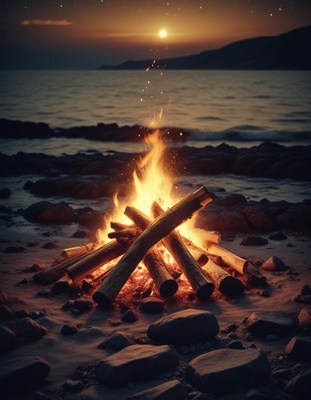 Beautiful campfire illuminating the beach at sunset