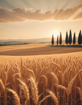 Golden wheat fields under a sunset sky in tuscany