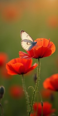 Butterflies and poppies in a vibrant spring field