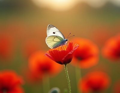 Butterfly perched on a vivid poppy flower at sunset