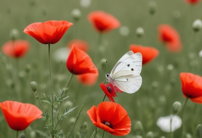 Butterfly perched on vibrant red poppy flowers