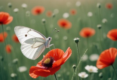 Butterfly perched on vibrant poppy flower in meadow