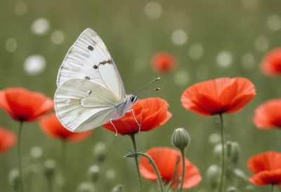 Butterfly resting on vibrant red poppy flowers