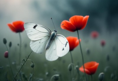 Butterfly hovering above vibrant poppy flowers