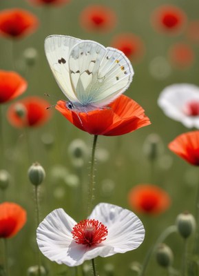 Butterfly rests on a poppy bloom in a vibrant field