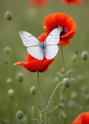 Delicate white butterfly rests on vibrant red poppy flowers