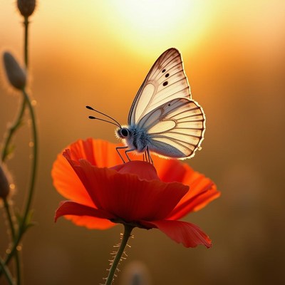 Beautiful butterfly resting on vibrant poppy flower