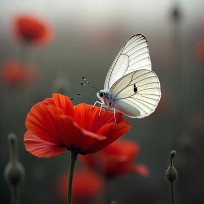 Butterfly feeding on vibrant red poppy flowers