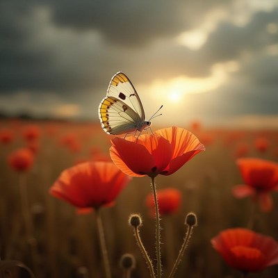Butterfly resting on a poppy flower during sunset