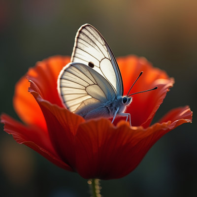 Butterfly resting on a vibrant red flower in sunlight