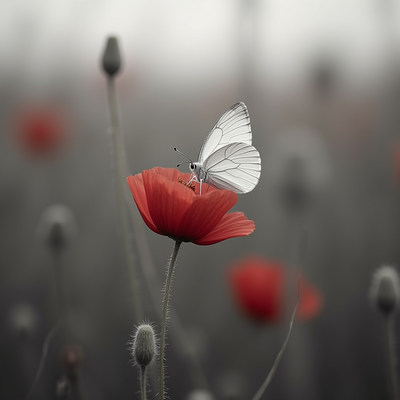 Butterfly perched on a red flower in a field