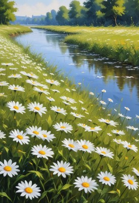 Flowery riverside view captures nature's tranquility