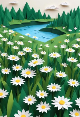 Vibrant paper art landscape with flowers and a serene lake