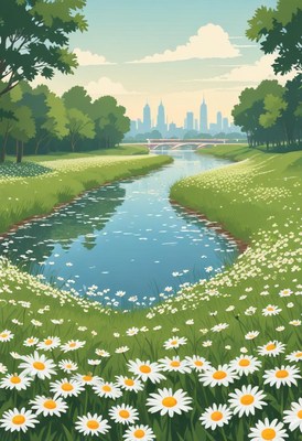 Skyline reflected in a calm river with flowers