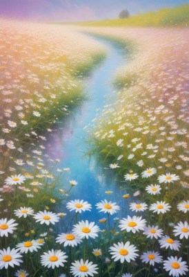 Serene river flowing through a field of daisies