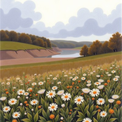 Daisies bloom by the serene riverside landscape